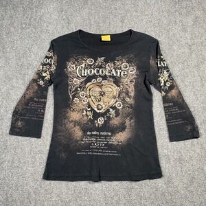 Mona Lisa Shirt Womens Small Black Chocolate Heart Floral Graphic Y2K Style USA